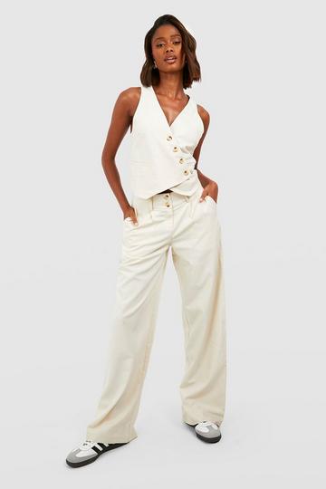 Ecru White Mock Horn Double Button Wide Leg Tailored Trousers