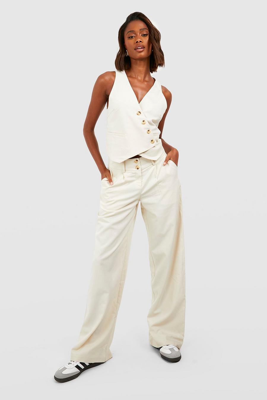 Ecru Mock Horn Double Button Wide Leg Tailored Pants image number 1