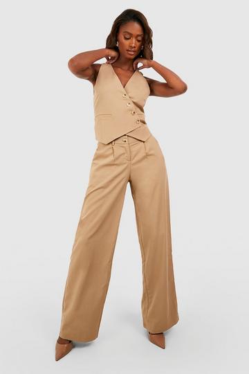 Mock Horn Double Button Wide Leg Tailored Trousers mocha