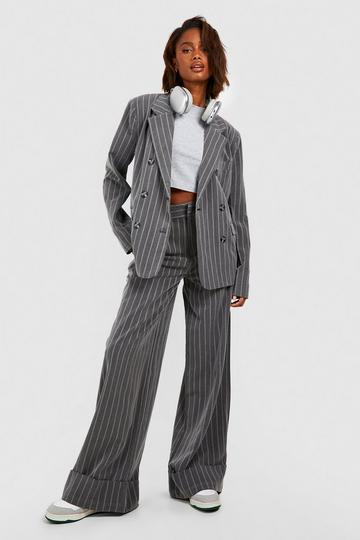 Premium Pinstripe Wide Leg Turn Cuff Dress Pants charcoal