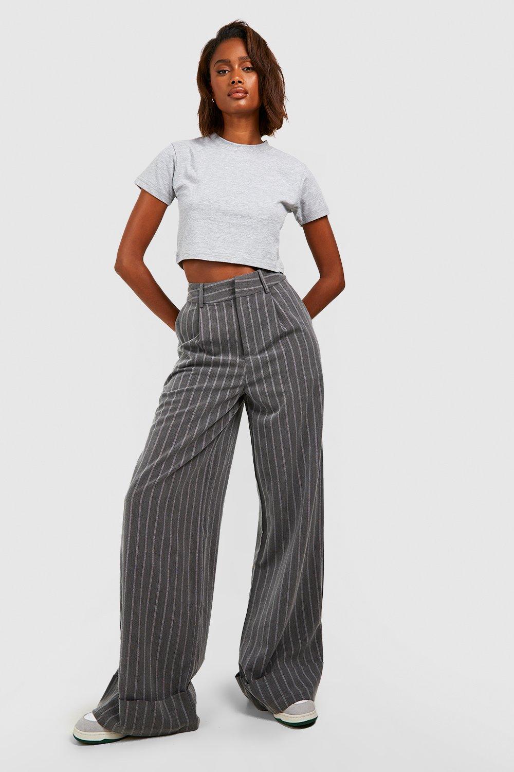 Premium Pinstripe Wide Leg Turn Cuff Dress Pants