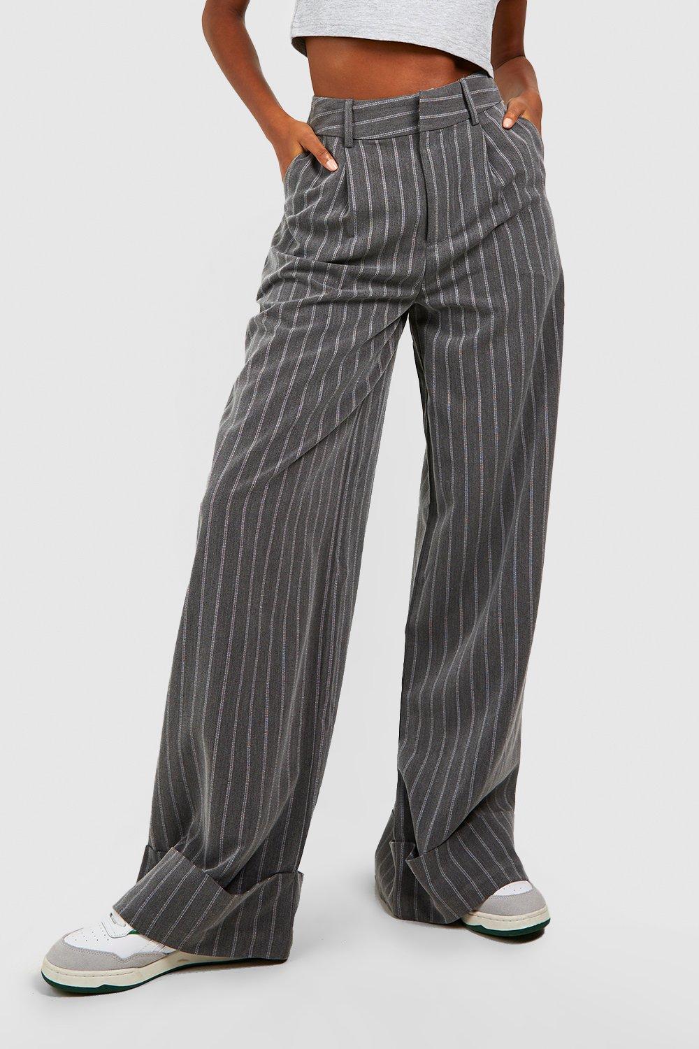 Premium Pinstripe Wide Leg Turn Cuff Dress Pants