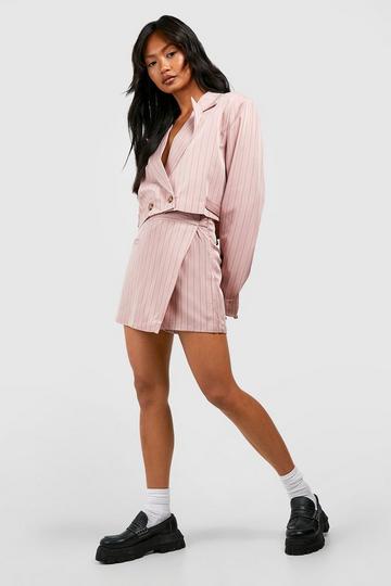 Premium Pinstripe Wrap Front Tailored Mini Skirt rose