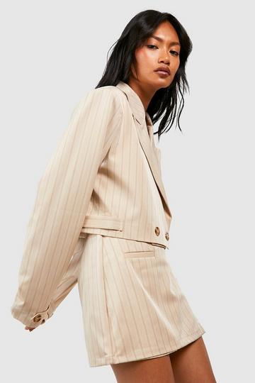 Premium Pinstripe Wrap Front Tailored Mini Skirt sand