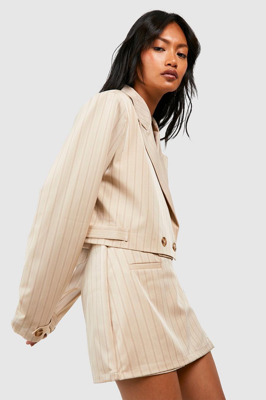 Sand beige Premium Pinstripe Wrap Front Tailored Mini Skirt
