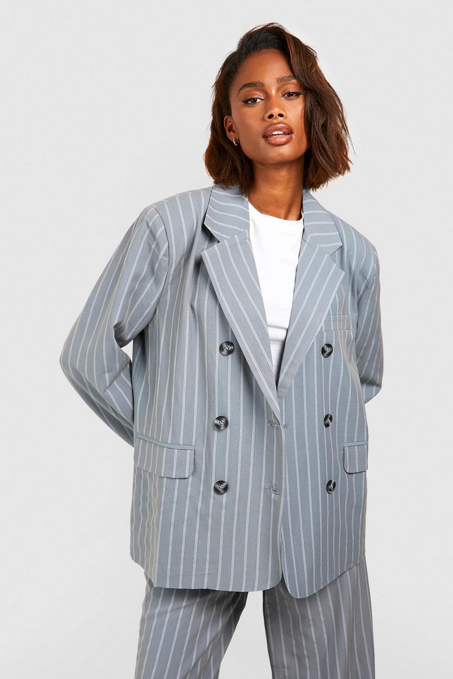 Grey Premium Pinstripe Oversized Tailored Blazer