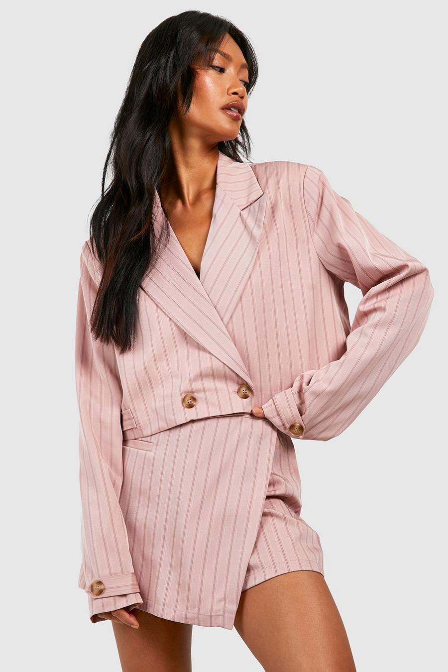 Rose pink Premium Pinstripe Boxy Cropped Blazer