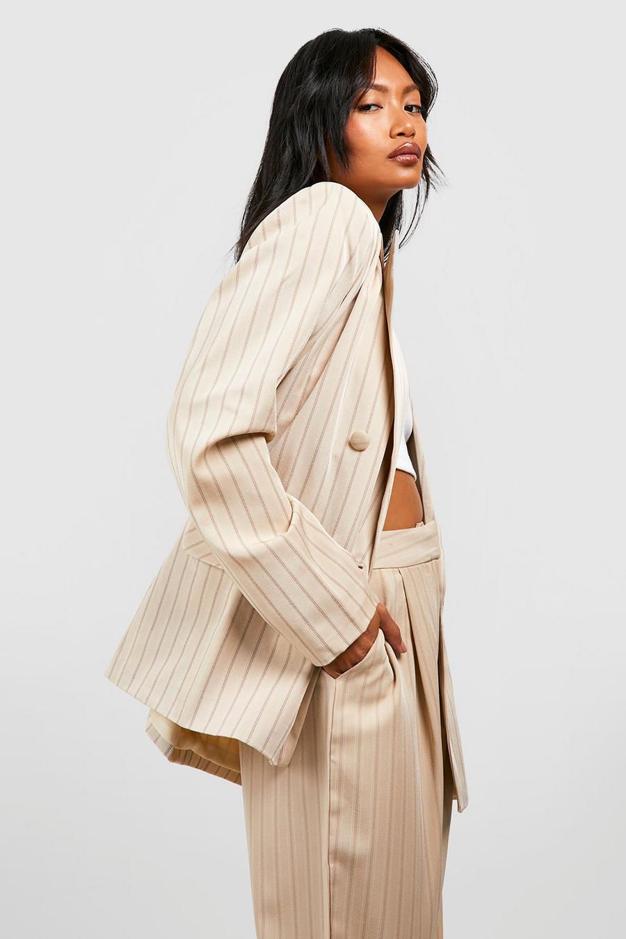 Sand Premium Pinstripe Double Breasted Blazer image number 1