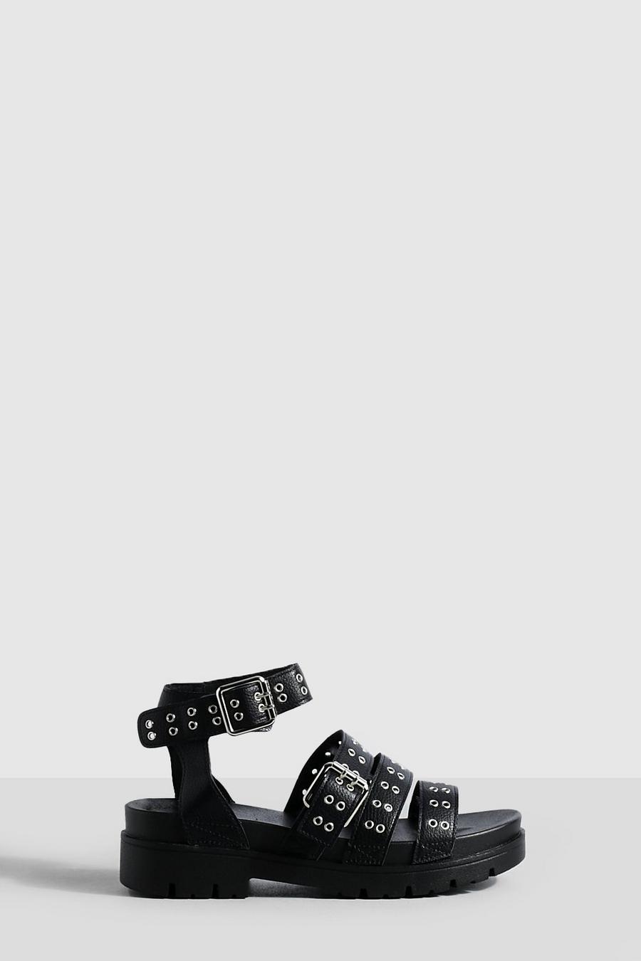 Black Chunky Platform Triple Strap Studded Flatform Sandals  