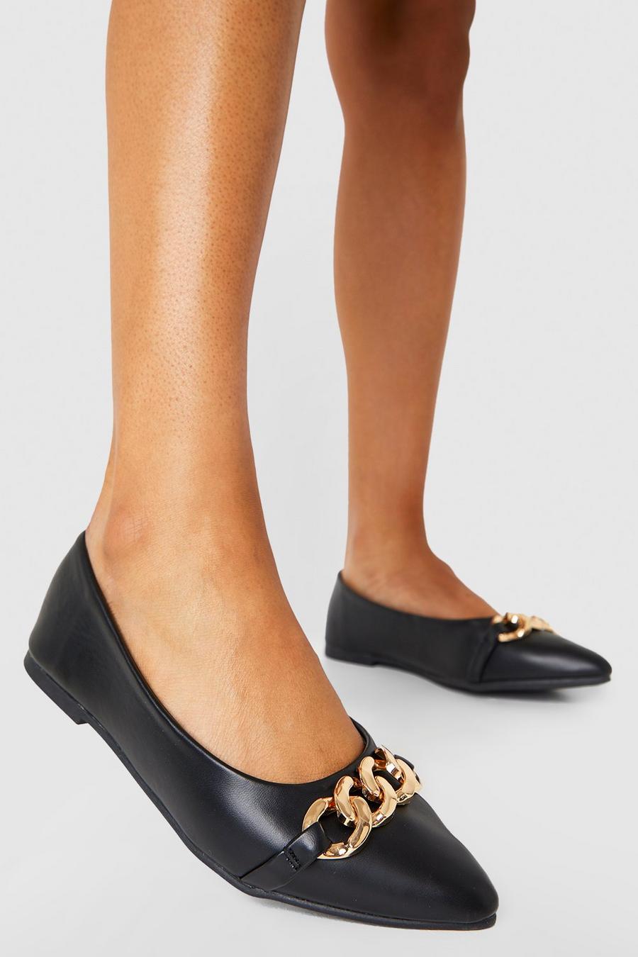 Black Chain Detail Pointed Flats