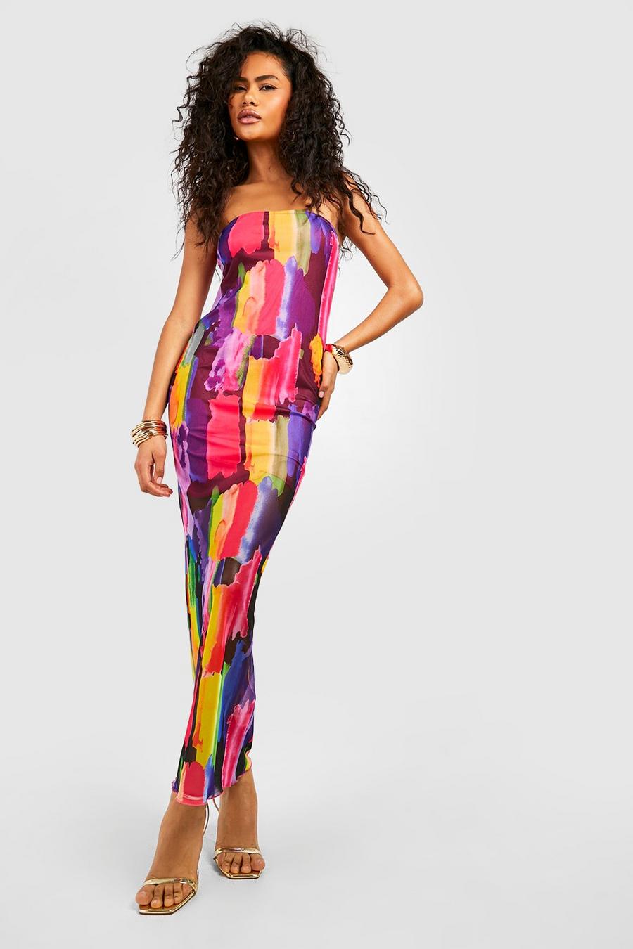 Multi Abstract Printed Mesh Bandeau Maxi Dress