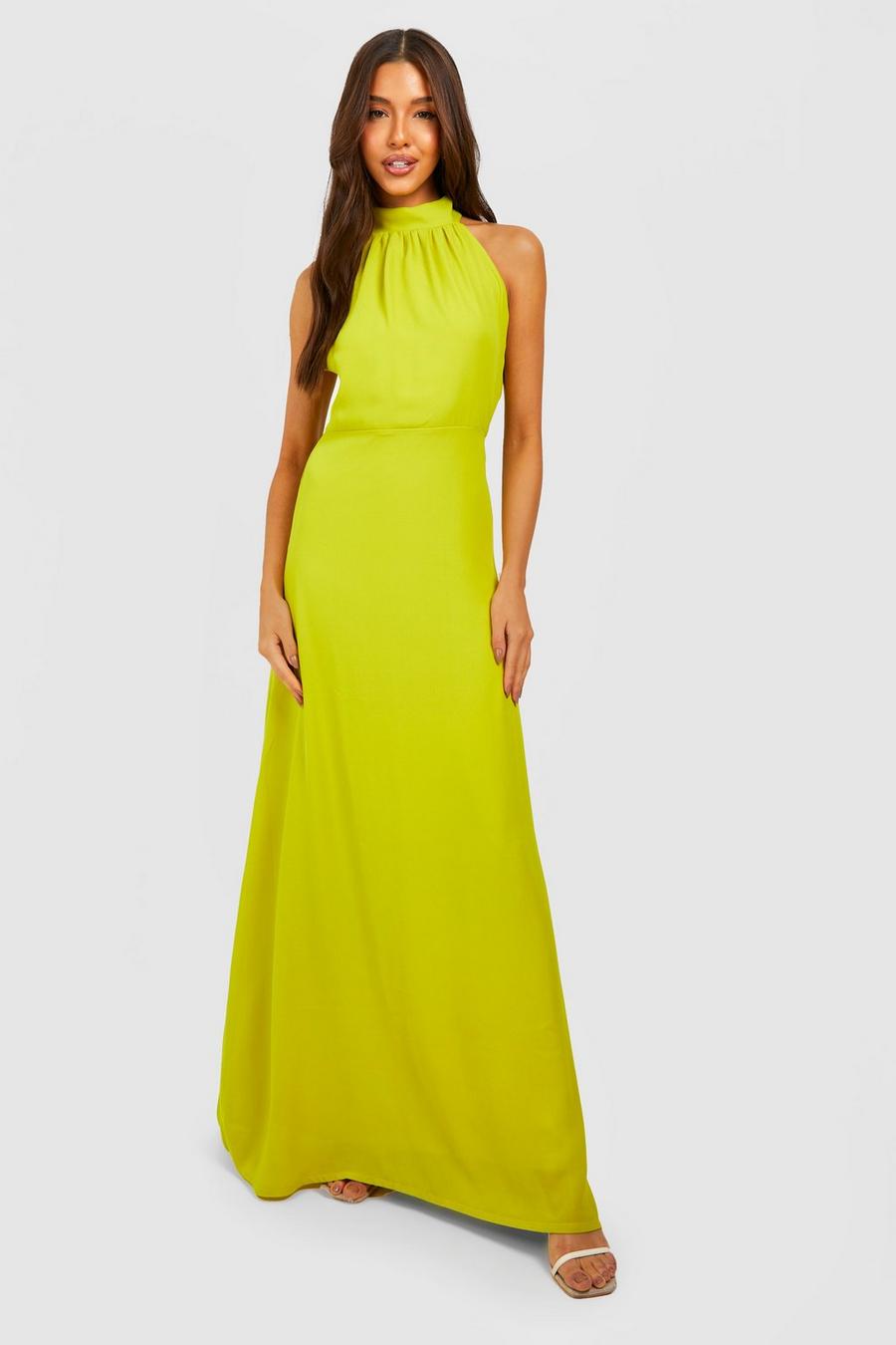 Chartreuse yellow Chiffon Halter Maxi Dress