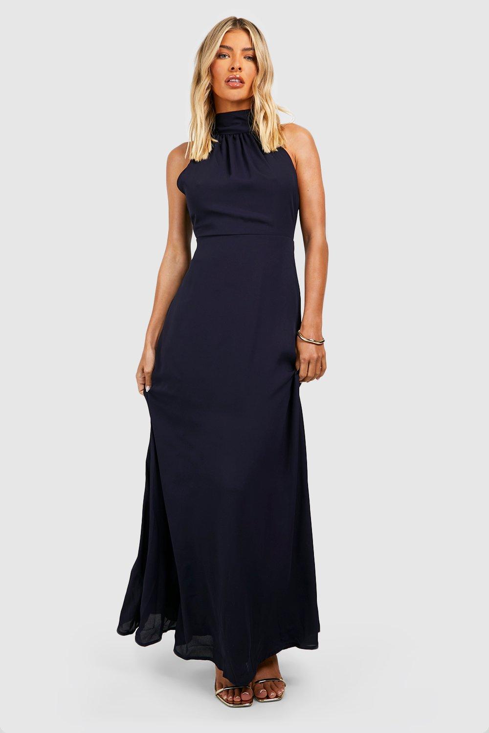 Navy High Neck Chiffon Maxi Dress