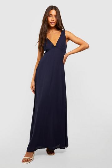 Chiffon Rouched Plunge Maxi Dress navy