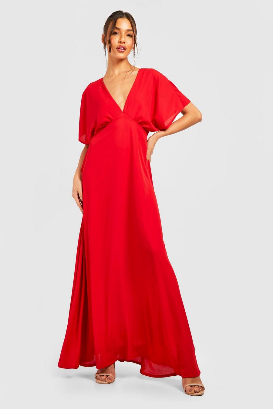 Berry Chiffon Batwing Ruched Maxi Dress image number 1