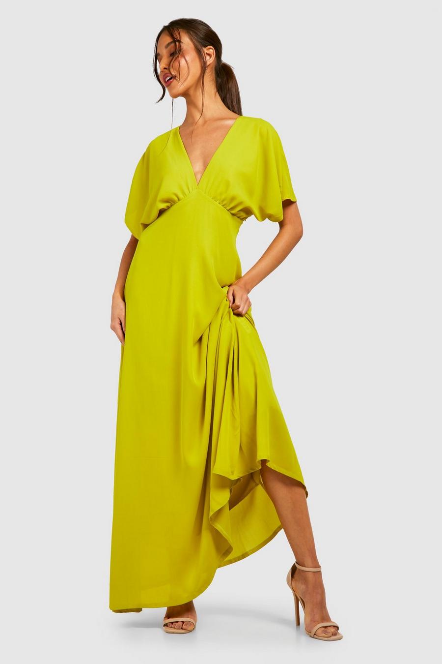Chartreuse yellow Chiffon Batwing Rouched Maxi Dress