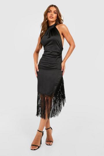 Premium Satin Tassel Halterneck Midi Dress black