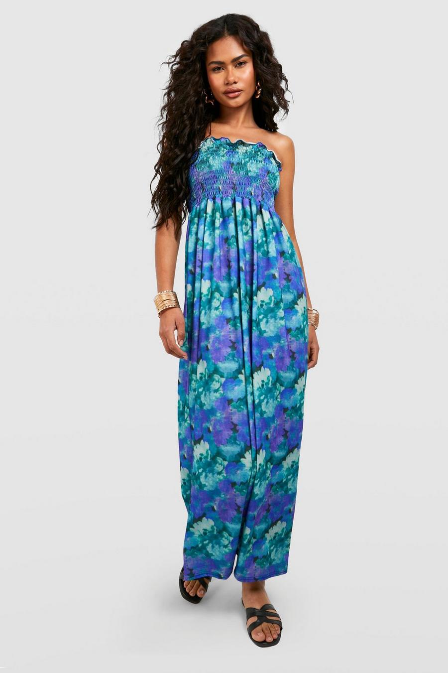 Blue Abstract Floral Shirred Smock Dress