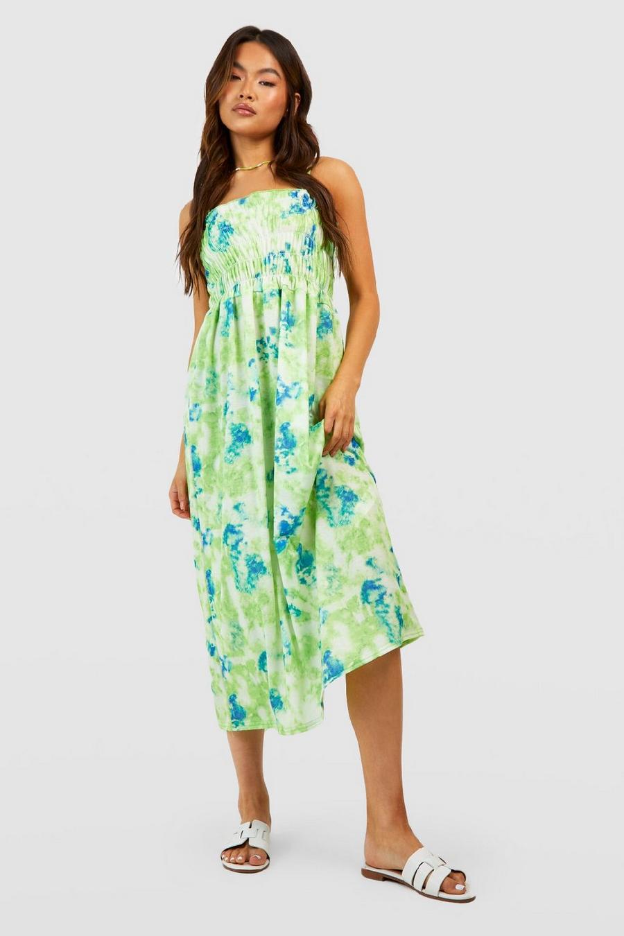 Green Marble Strappy Shirred Smock Dress