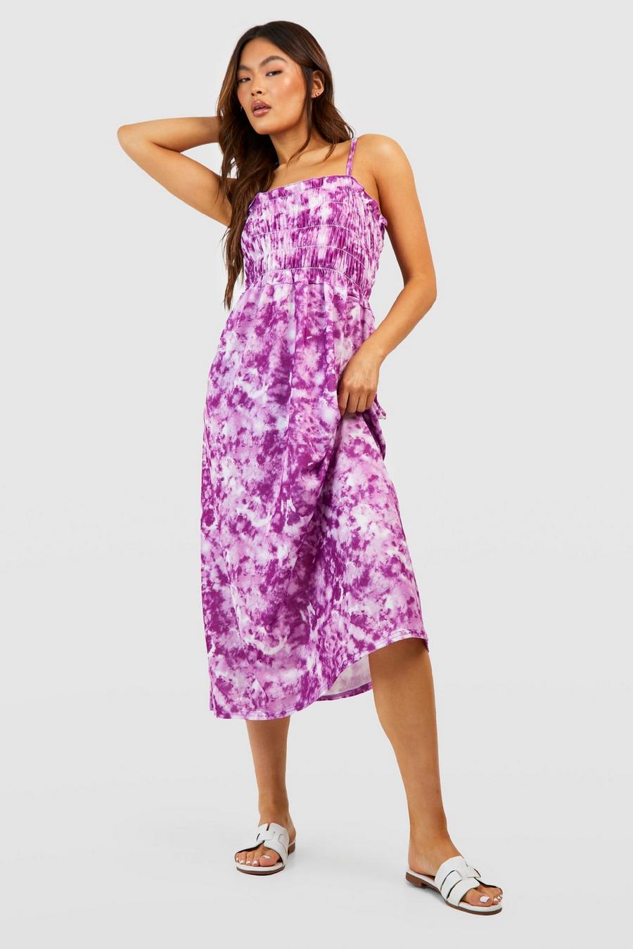 Purple Marble Strappy Shirred Smock Dress image number 1