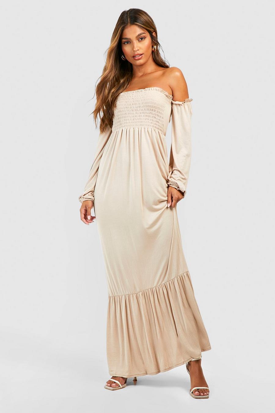 Stone beis Off The Shoulder Shirred Maxi Dress