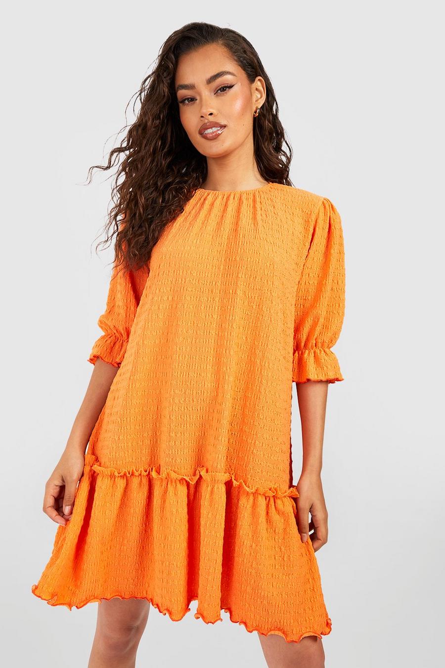 Orange Puff Sleeve Textured Smock Dress
