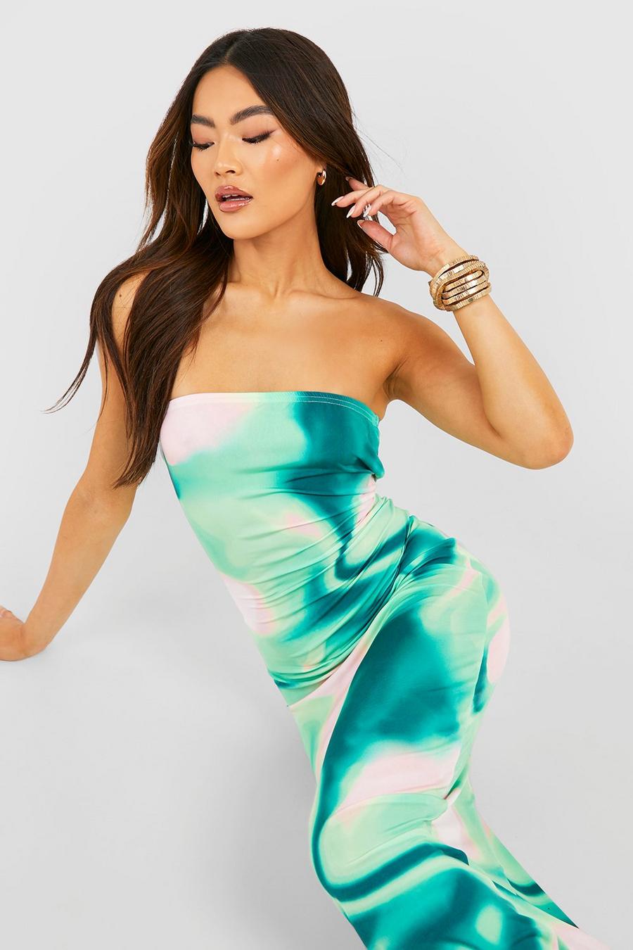 Green Marble Slinky Bandeau Maxi Dress image number 1