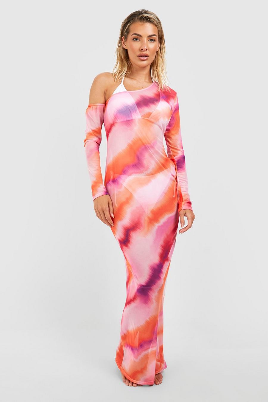 Pink Tie Dye Mesh One Shoulder Beach Maxi Dress image number 1