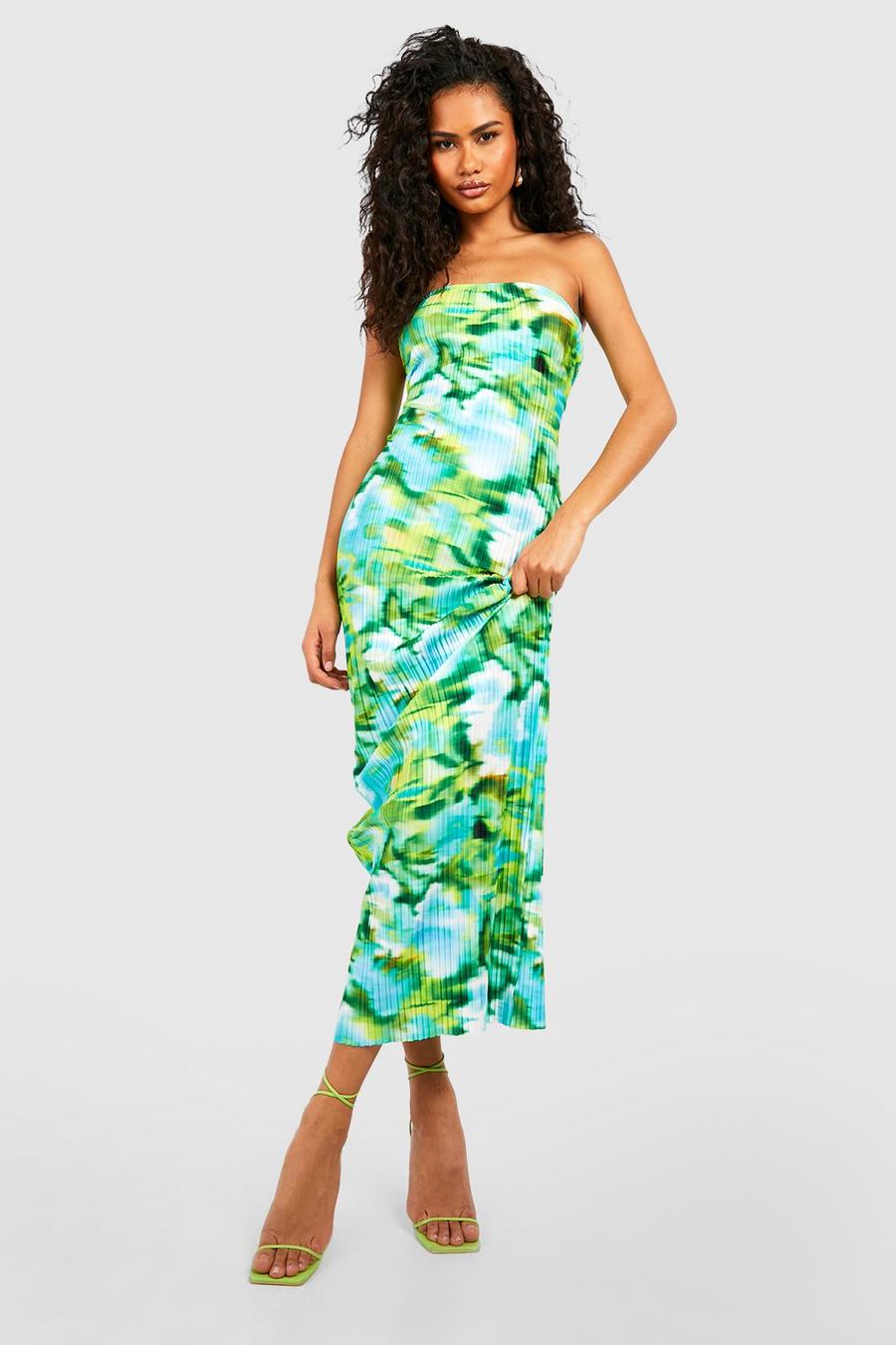 Green Abstracte Plisse Strapless Maxi Jurk image number 1