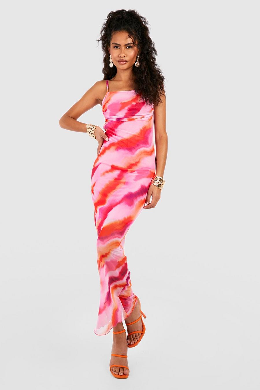 Pink Abstract Print Mesh Maxi Slip Dress image number 1