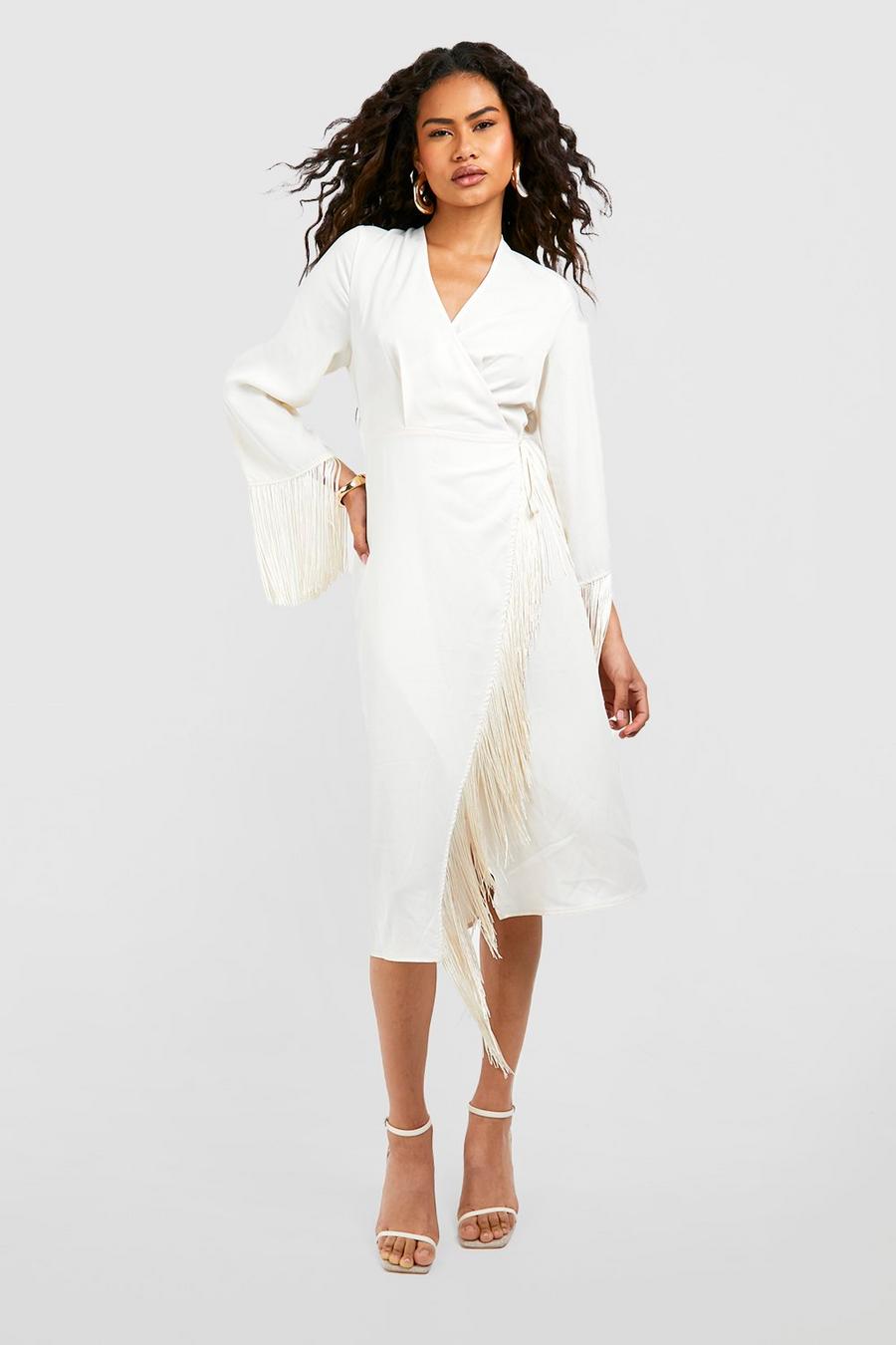 Cream white Wrap Tassel Detail Midi Dress