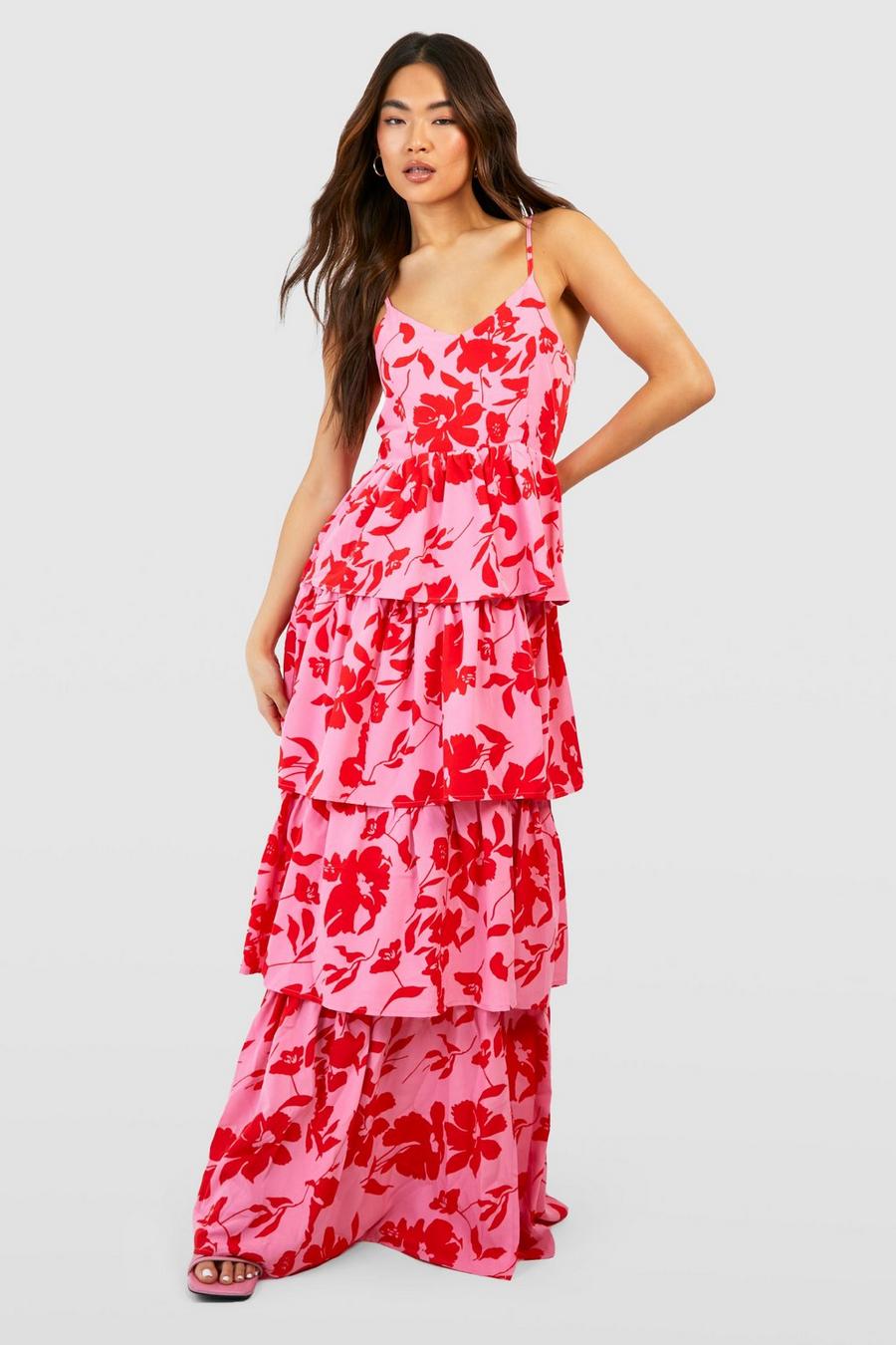 Vestito maxi con stampa a fiori e balze, Pink image number 1