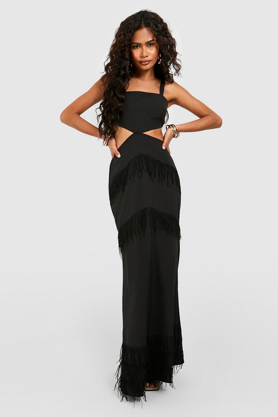 Black Maxi Jurk Met Vierkante Hals, Uitsnijding En Kwastjes