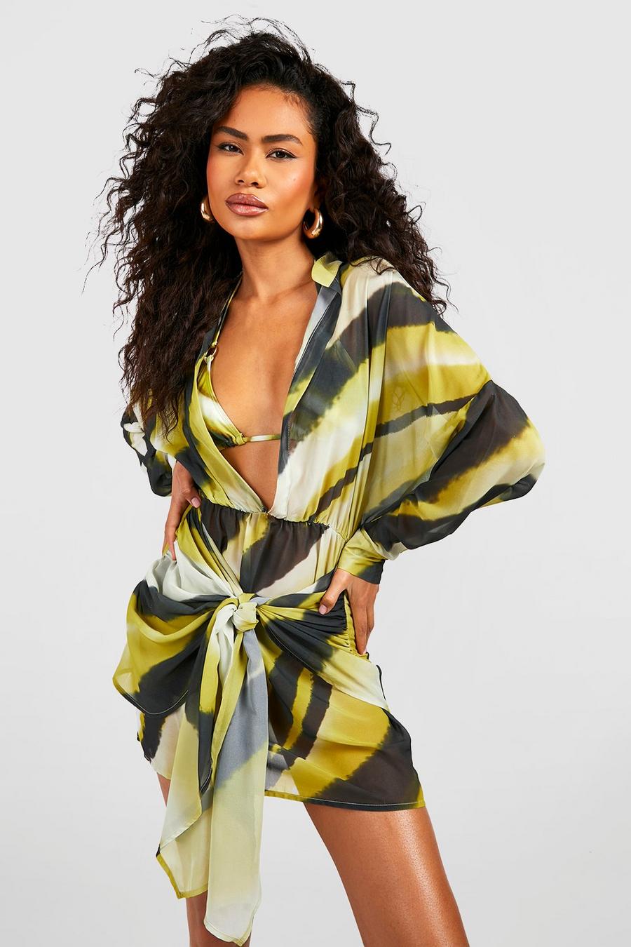 Green Ombre Wrap Tie Beach Shirt Dress image number 1