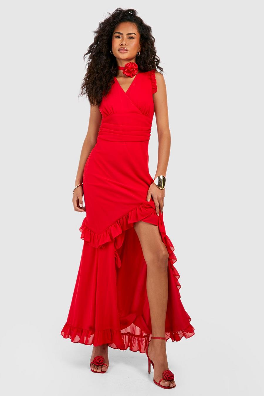 Red Ruffle Wrap Front Maxi Dress 