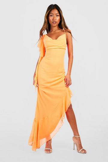 Orange Chiffon Cowl Neck Maxi Dress