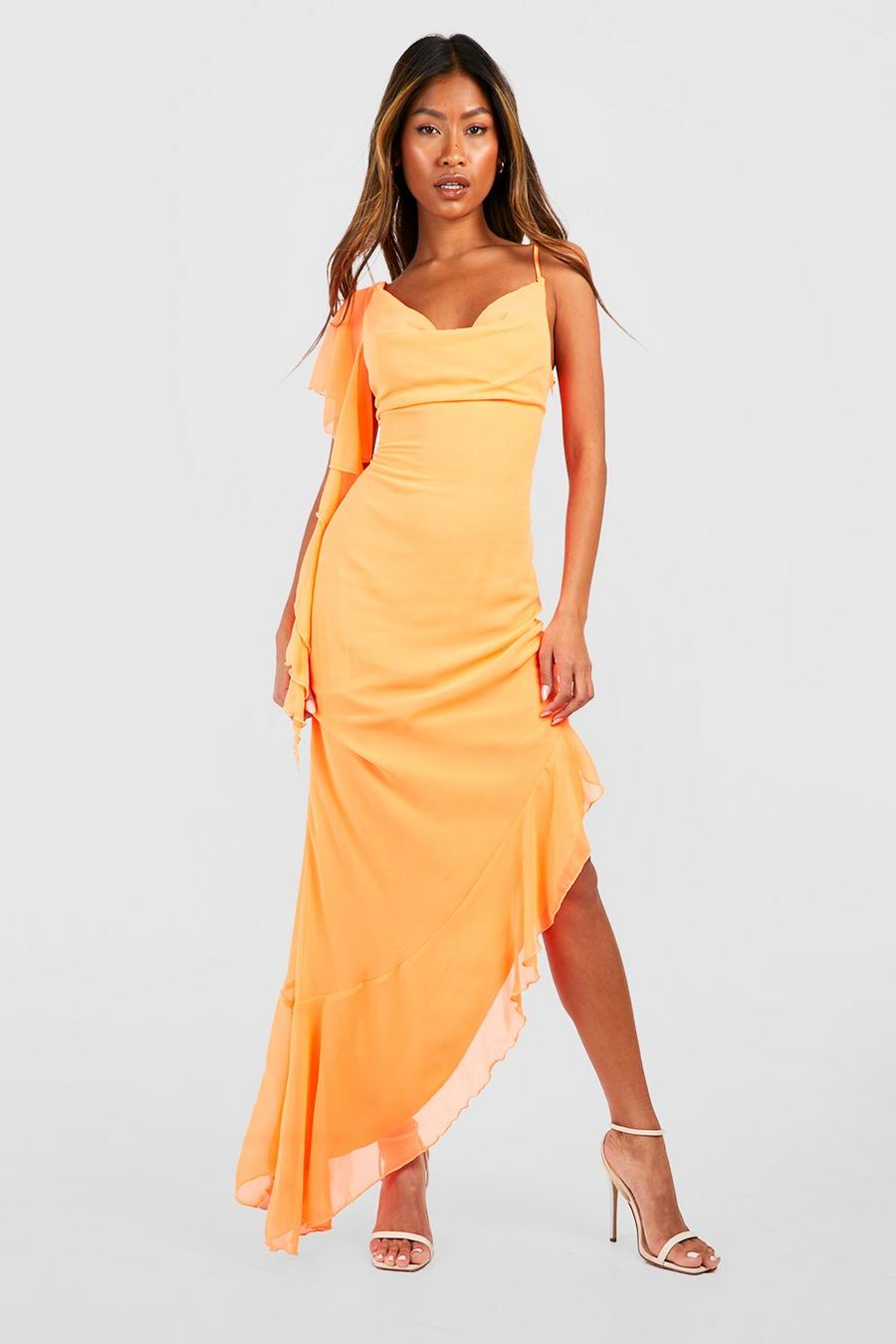Orange Chiffon Cowl Neck Maxi Dress 