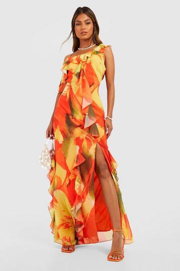 One Shoulder Ruffle Maxi Dress orange