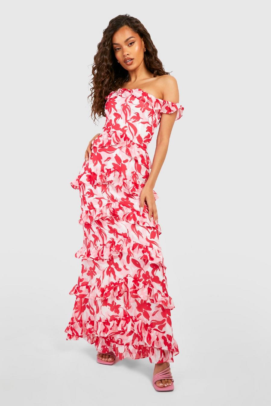 Pink Floral Off The Shoulder Ruffle Maxi Dress