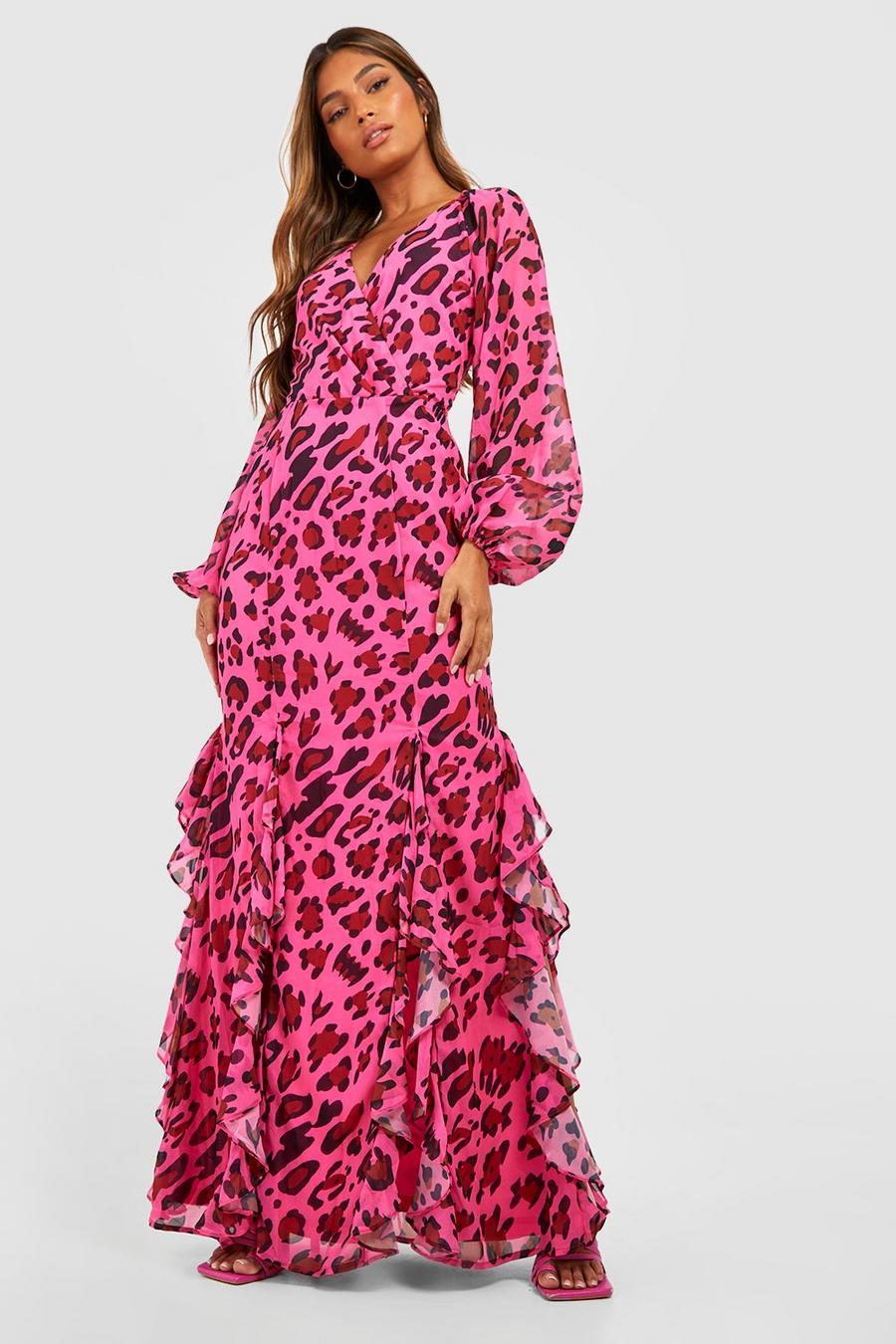 Vestito maxi con stampa animalier e dettagli arricciati, Pink