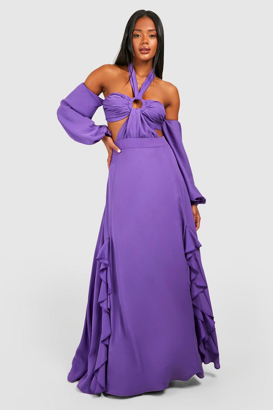 Purple Långklänning i chiffong med halterneck image number 1