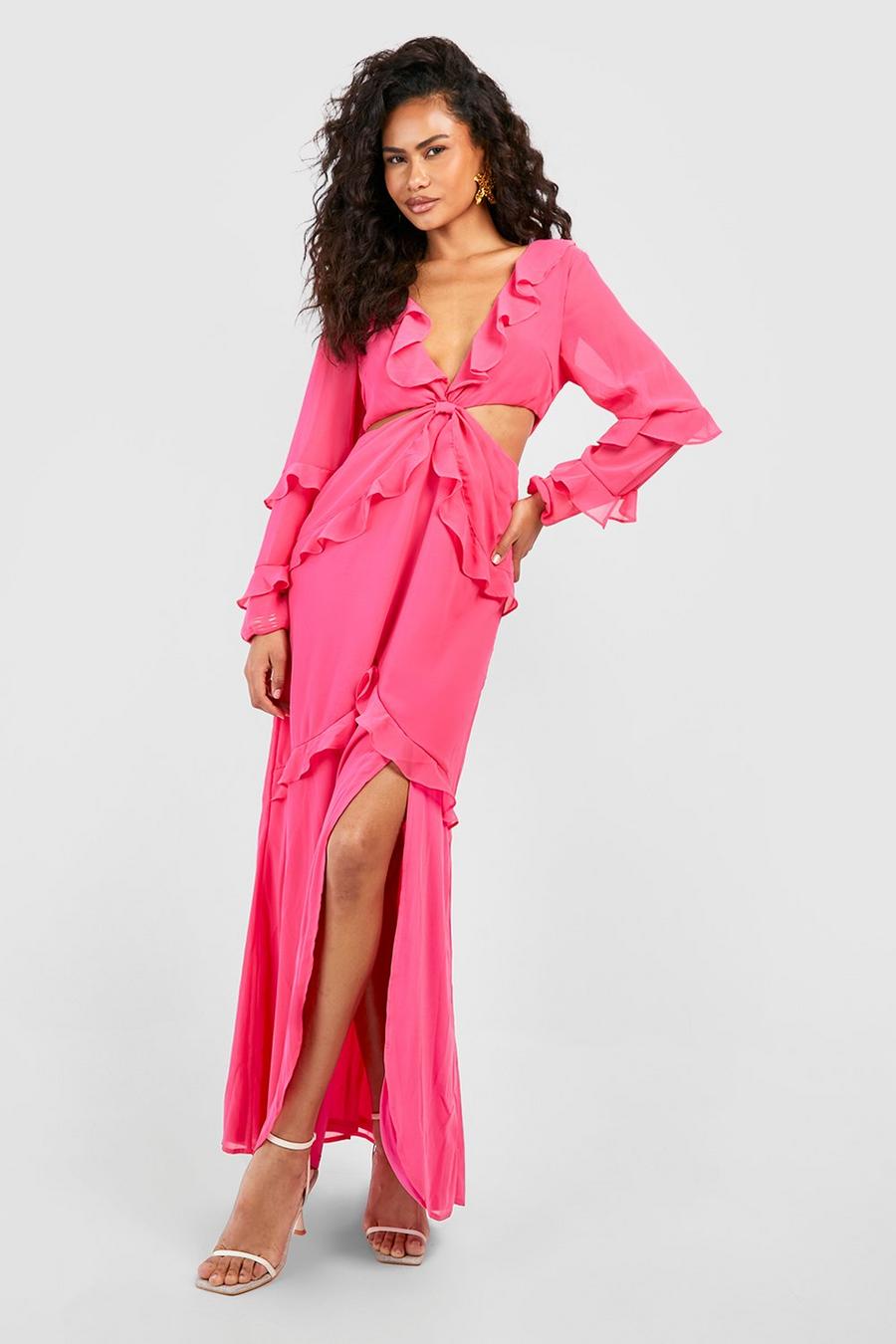 Vestito maxi in chiffon con arricciature e cut-out, Bright pink image number 1