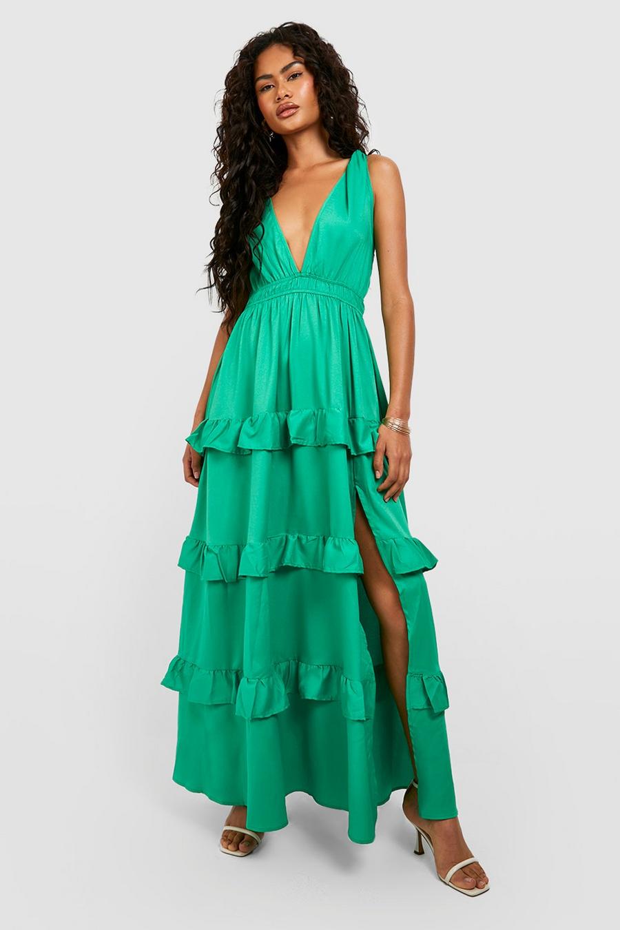 Green Plunge Ruffle Detail Maxi Dress