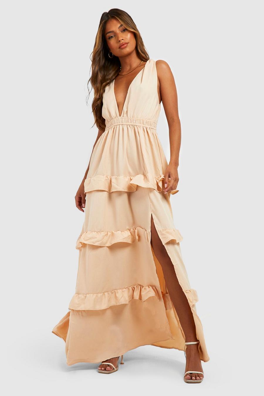 Stone Plunge Ruffle Detail Maxi Dress