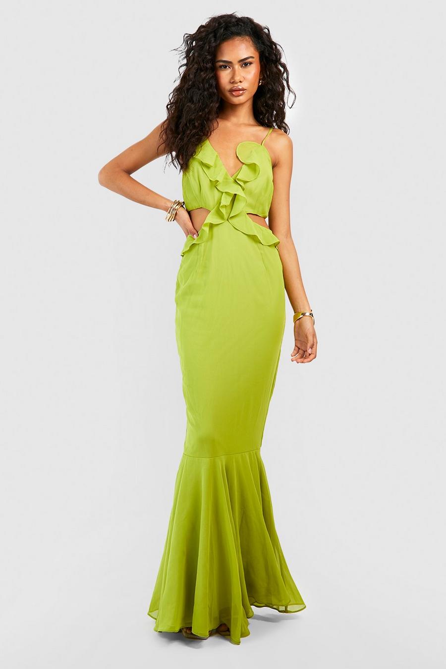 Lime Maxi Jurk Met Ruches, Uitsnijding En Fishtail image number 1