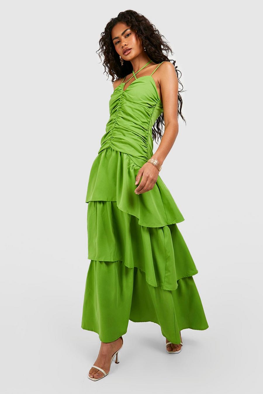 Bright green Långklänning med rysch och volangkjol image number 1