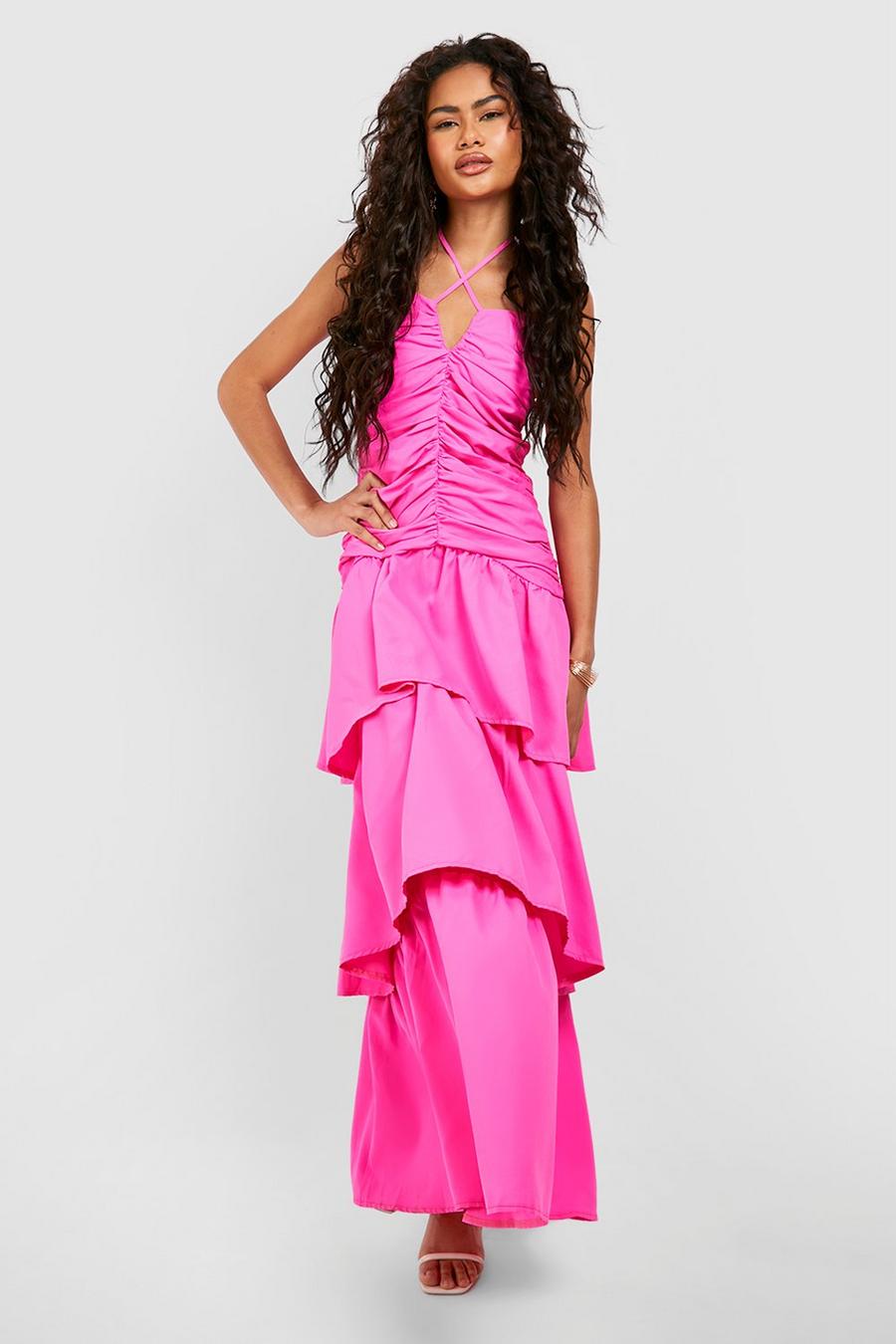 Vestido maxi con corpiño fruncido y falda con volante, Bright pink