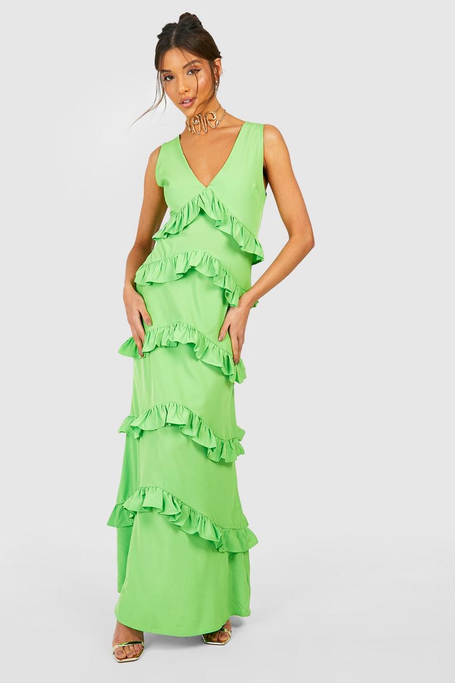 Lime Plunge Ruffle Detail Maxi Dress