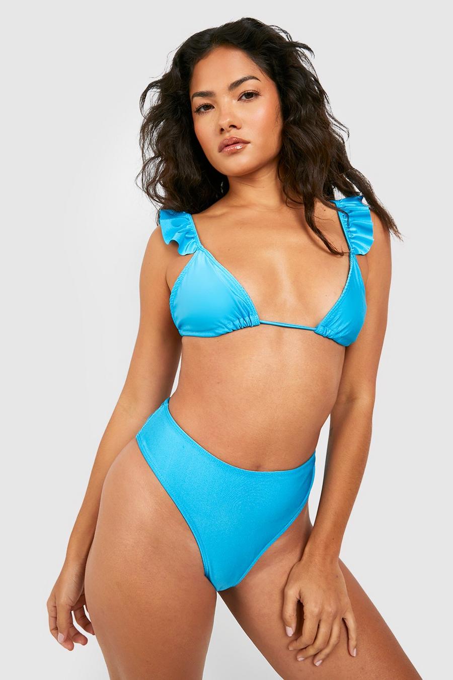 Turquoise Driehoekige Bikini Top Met Ruches image number 1