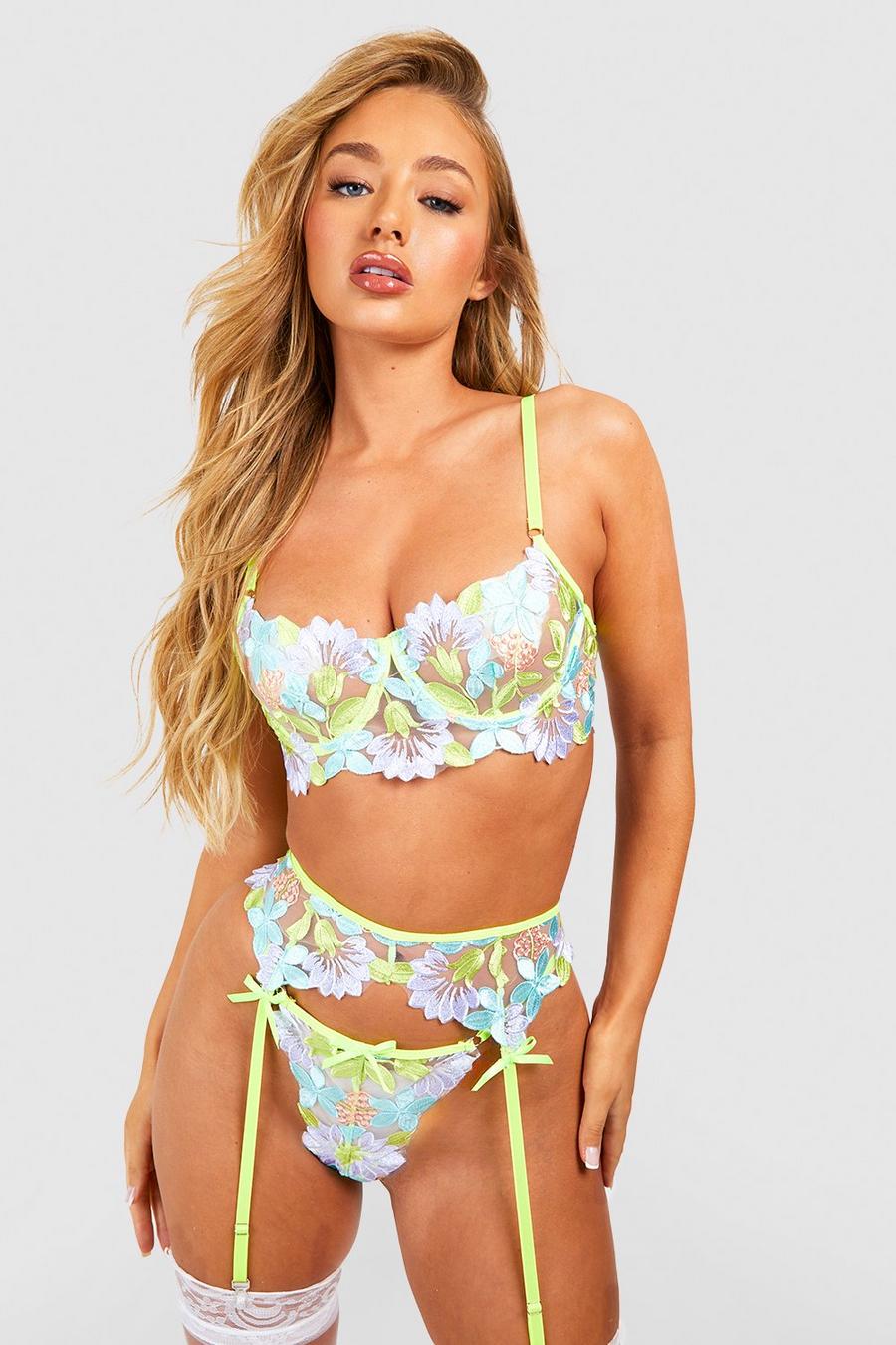 Lime Embroidery Bra, Thong & Suspender Set image number 1